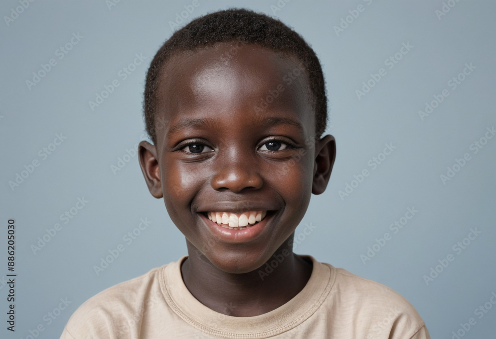 Portrait view of a regular happy smiling South Sudan boy, ultra realistic, candid, social media, avatar image, plain solid background