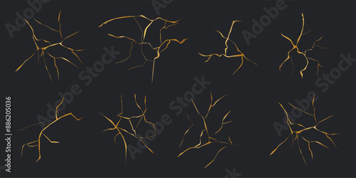 Kintsugi gold simple break lines, asian geaometric crackle. Surface with crack print, effect. Moderm cover golden broken texture.