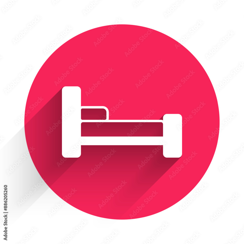 White Bed icon isolated with long shadow. Red circle button. Vector White Bed icon isolated with long shadow. Red circle button. Vector