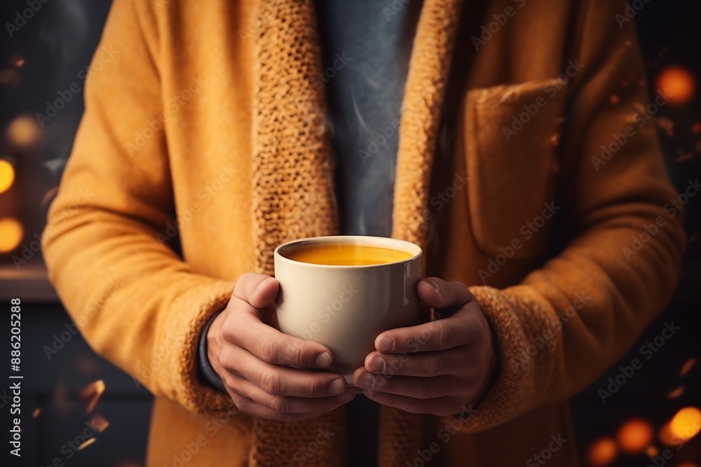 Close up of male hands holding cup of hot coffee Close up of male hands holding cup of hot coffee
