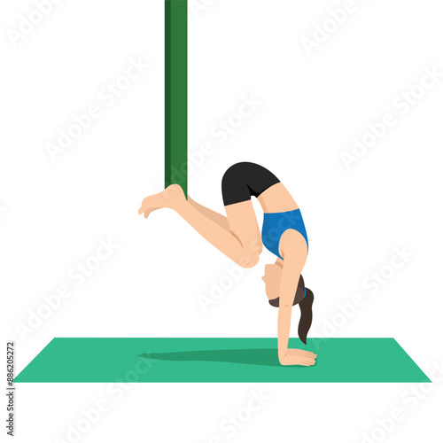 Woman doing One Legged Handstand Pose Prep Aerial or  Eka Pada Adho Mukha Vrksasana yoga exercise. Flat vector illustration isolated on white background