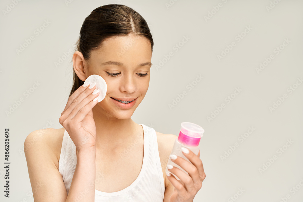 A stylish teenage girl gracefully holds two small containers of cream in her hands, embodying beauty and self-care. A stylish teenage girl gracefully holds two small containers of cream in her hands, embodying beauty and self-care.