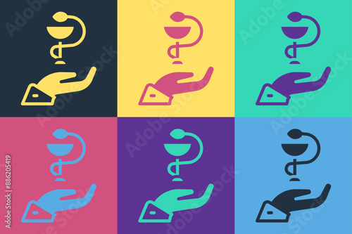 Pop art Caduceus snake medical symbol icon isolated on color background. Medicine and health care. Emblem for drugstore or medicine, pharmacy. Vector