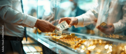 Inside a traditional bank, with a teller counting dollar bills while gold bars are securely stored behind a glass partition in the background