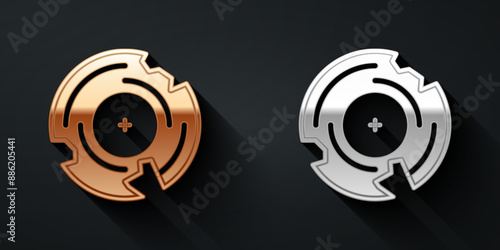 Gold and silver Vinyl disk icon isolated on black background. Long shadow style. Vector
