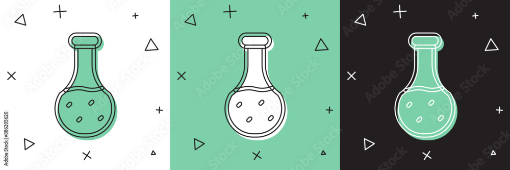 Set Test tube and flask chemical laboratory test icon isolated on white and green, black background. Laboratory glassware sign. Vector Set Test tube and flask chemical laboratory test icon isolated on white and green, black background. Laboratory glassware sign. Vector