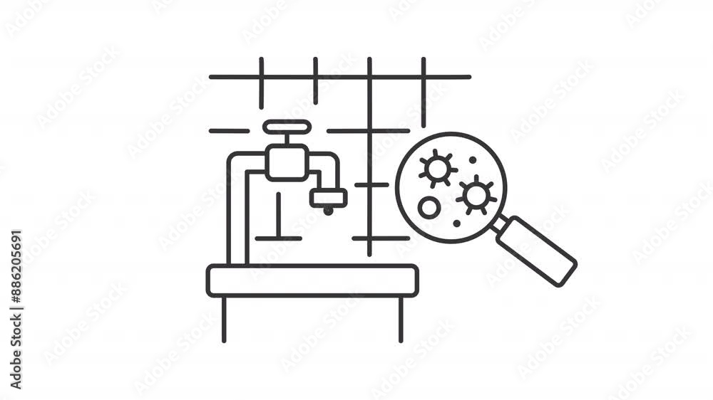 Bath mold line animation. Animated bathroom faucet and microorganism icon. Moldy home. Hygiene and cleanliness. Black illustration on white background. HD video with alpha channel. Motion graphic Bath mold line animation. Animated bathroom faucet and microorganism icon. Moldy home. Hygiene and cleanliness. Black illustration on white background. HD video with alpha channel. Motion graphic