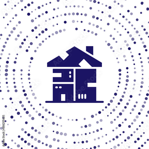 Blue Homeless cardboard house icon isolated on white background. Abstract circle random dots. Vector