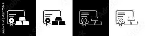 Set Gold bars with certificate icon isolated on black and white background. Banking business concept. Vector