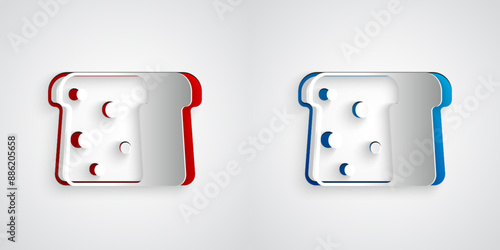 Paper cut Bread toast for sandwich piece of roasted crouton icon isolated on grey background. Lunch, dinner, breakfast snack. Paper art style. Vector