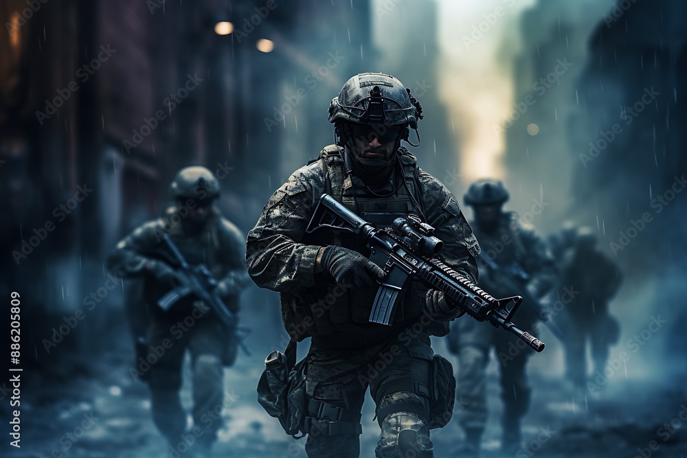 Navy Special forces soldiers in action on war foggy day Navy Special forces soldiers in action on war foggy day