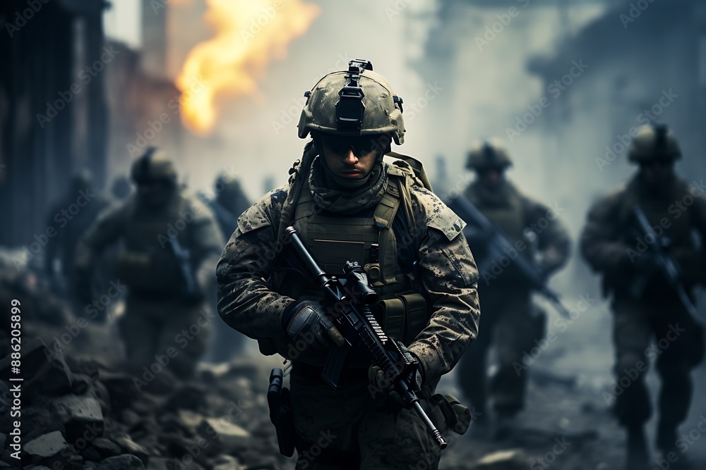Navy Special forces soldiers in action on war foggy day Navy Special forces soldiers in action on war foggy day