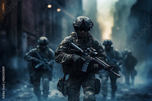 Navy Special forces soldiers in action on war foggy day