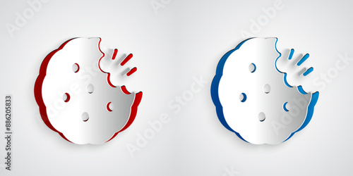 Paper cut Cookie or biscuit with chocolate icon isolated on grey background. Paper art style. Vector