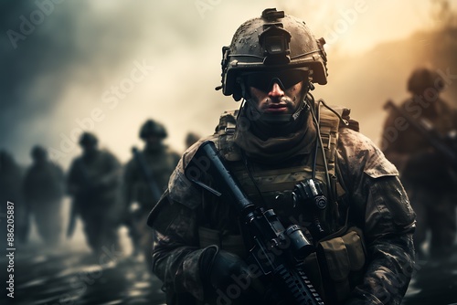 Navy Special forces soldiers in action on war foggy day