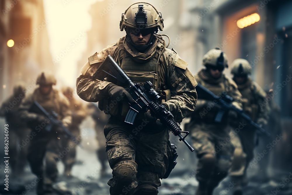 Navy Special forces soldiers in action on war foggy day Navy Special forces soldiers in action on war foggy day