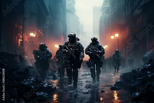 Navy Special forces soldiers in action on war foggy day