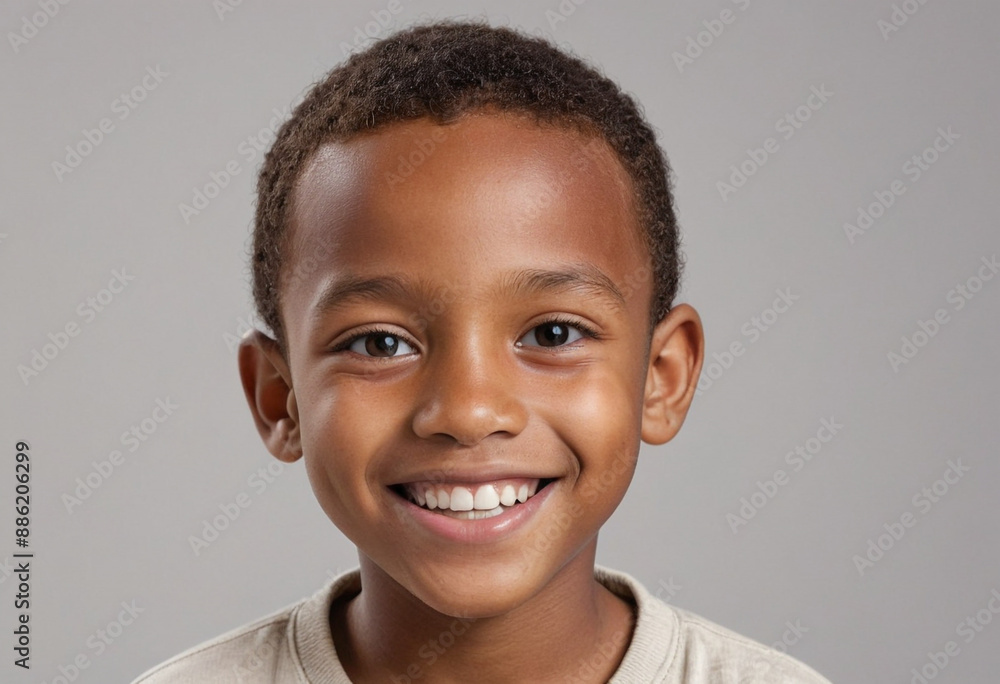 Naklejka premium Portrait view of a regular happy smiling Madagascar boy, ultra realistic, candid, social media, avatar image, plain solid background