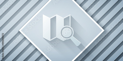 Paper cut Search location icon isolated on grey background. Magnifying glass with pointer sign. Paper art style. Vector