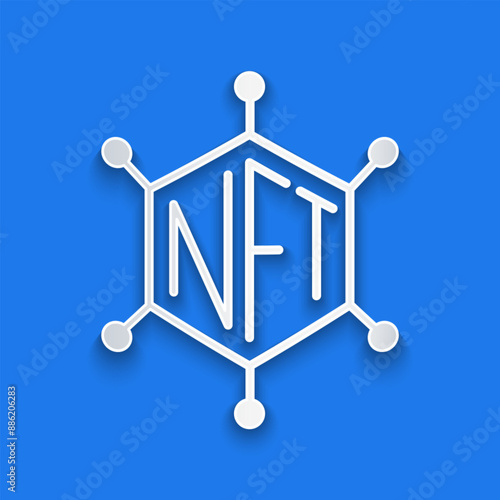 Paper cut NFT blockchain technology icon isolated on blue background. Non fungible token. Digital crypto art concept. Paper art style. Vector