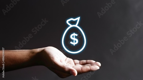 A hand holding glowing outline money bag on black background illustrating financial budget concept photo