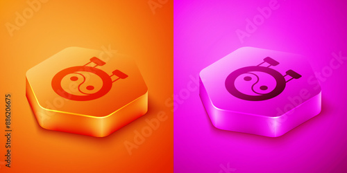 Isometric Yin Yang symbol of harmony and balance icon isolated on orange and pink background. Hexagon button. Vector