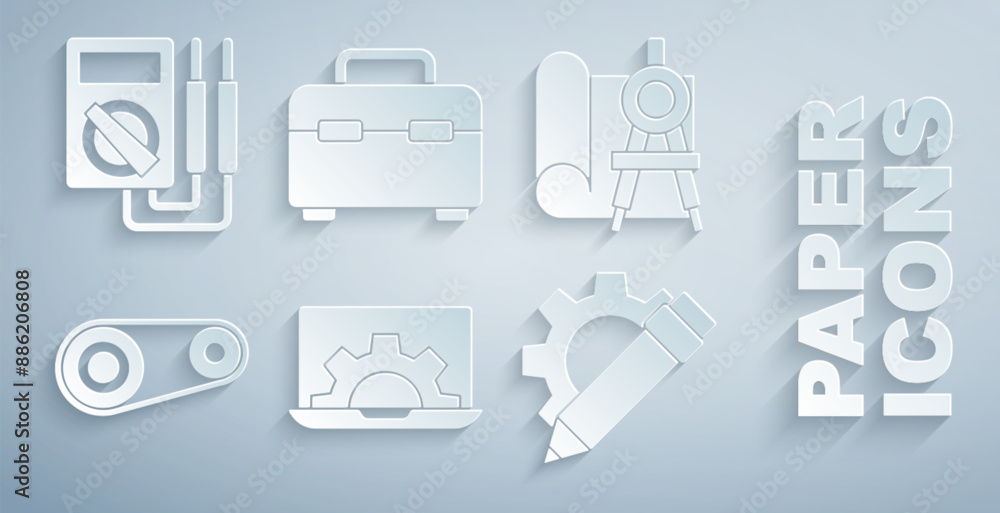 Set Laptop and gear, Graphing paper compass, Timing belt kit, Pencil, Toolbox and Multimeter icon. Vector Set Laptop and gear, Graphing paper compass, Timing belt kit, Pencil, Toolbox and Multimeter icon. Vector