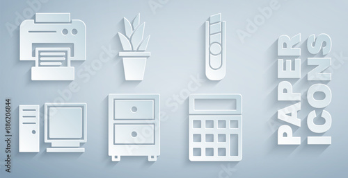 Set Drawer with documents, Stationery knife, Computer monitor, Calculator, Plant in pot and Printer icon. Vector