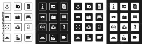 Set Passport, Suitcase, Ski goggles, Anchor, Big bed, Rv Camping trailer, Please do not disturb and Location with SOS icon. Vector