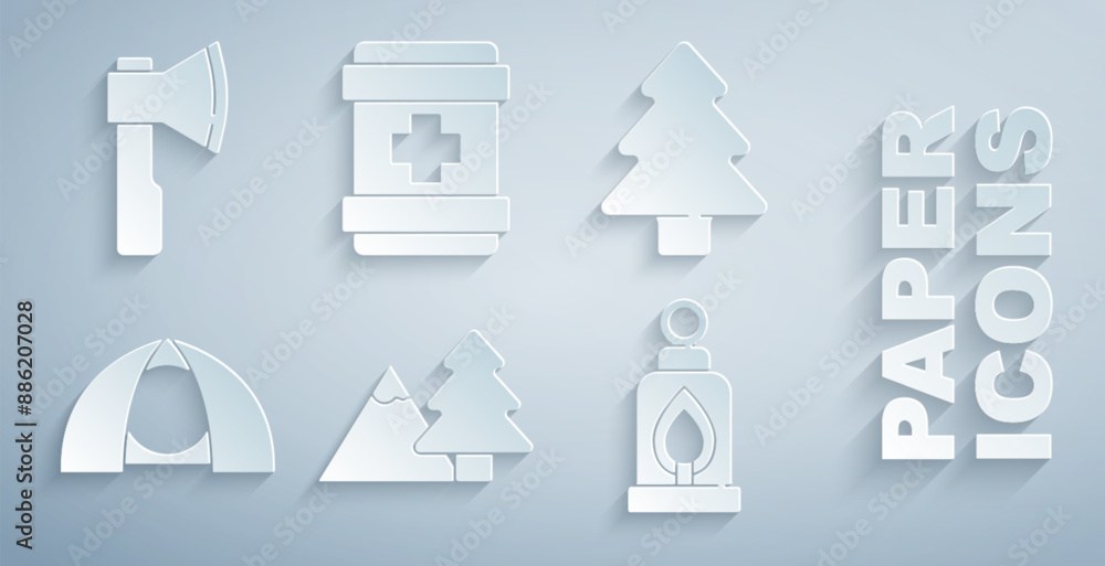 Set Mountains with tree, Forest, Tourist tent, Camping lantern, First aid kit and Wooden axe icon. Vector Set Mountains with tree, Forest, Tourist tent, Camping lantern, First aid kit and Wooden axe icon. Vector