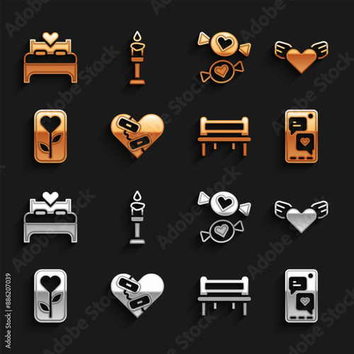 Set Healed broken heart, Heart with wings, Mobile, Romantic bench, Flower rose, Candy, Bedroom and Burning candle icon. Vector
