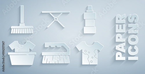 Set Brush for cleaning, Bottle agent, Basin with shirt, Dirty t-shirt, Ironing board and Handle broom icon. Vector