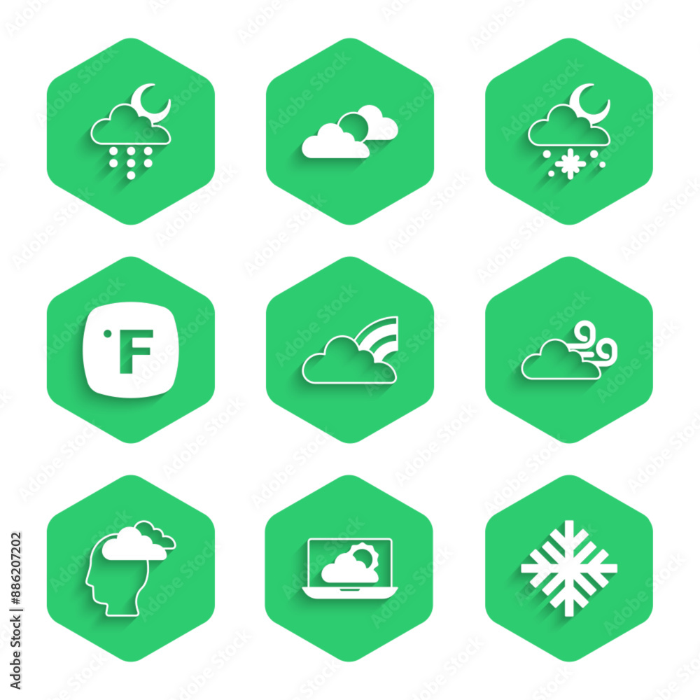 Set Rainbow with clouds, Weather forecast, Snowflake, Windy weather, Man having headache, Fahrenheit, Cloud snow and sun and rain moon icon. Vector Set Rainbow with clouds, Weather forecast, Snowflake, Windy weather, Man having headache, Fahrenheit, Cloud snow and sun and rain moon icon. Vector