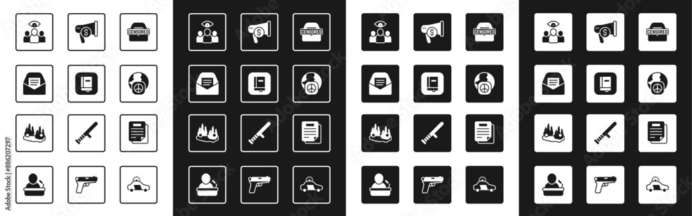 Set Censored stamp, Law book, Mail and e-mail, Spy, agent, International day of peace, Megaphone dollar, Document and Burning car icon. Vector Set Censored stamp, Law book, Mail and e-mail, Spy, agent, International day of peace, Megaphone dollar, Document and Burning car icon. Vector