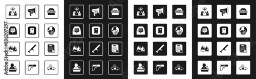 Set Censored stamp, Law book, Mail and e-mail, Spy, agent, International day of peace, Megaphone dollar, Document and Burning car icon. Vector