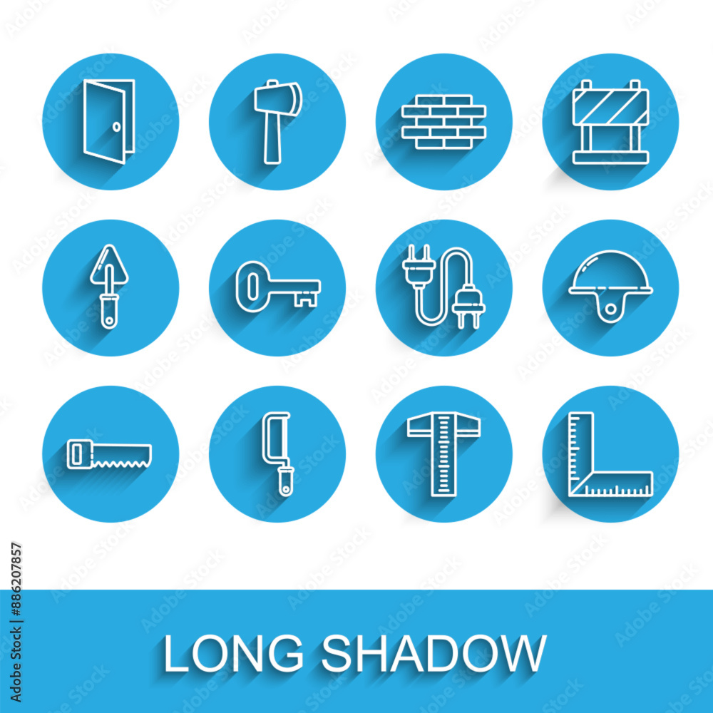 Set line Hand saw, Hacksaw, Closed door, T-square line, Corner ruler, Old key, Worker safety helmet and Electric plug icon. Vector Set line Hand saw, Hacksaw, Closed door, T-square line, Corner ruler, Old key, Worker safety helmet and Electric plug icon. Vector