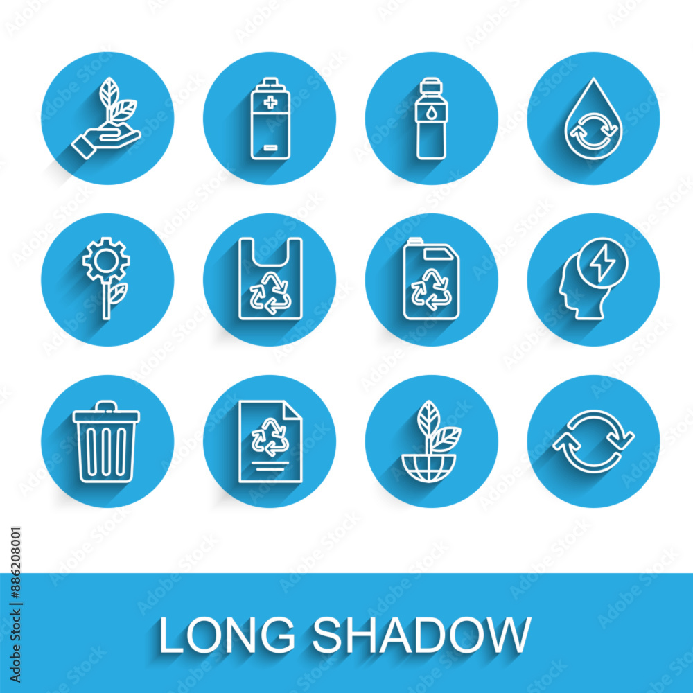 Set line Trash can, Paper with recycle, Plant in hand, Earth globe plant, Refresh, Plastic bag, Head electric symbol and Eco fuel canister icon. Vector Set line Trash can, Paper with recycle, Plant in hand, Earth globe plant, Refresh, Plastic bag, Head electric symbol and Eco fuel canister icon. Vector