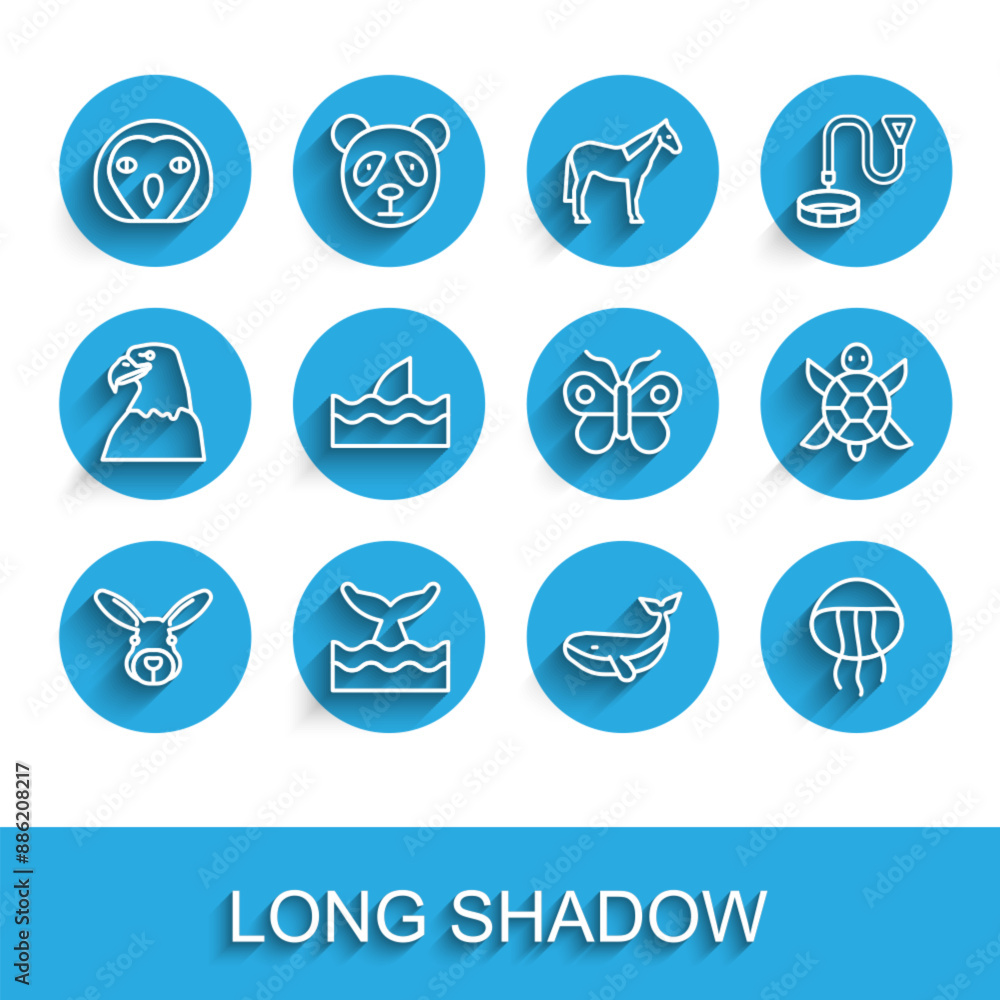 Set line Rabbit head, Whale tail in ocean wave, Owl bird, Jellyfish, Shark fin, Turtle and Butterfly icon. Vector Set line Rabbit head, Whale tail in ocean wave, Owl bird, Jellyfish, Shark fin, Turtle and Butterfly icon. Vector