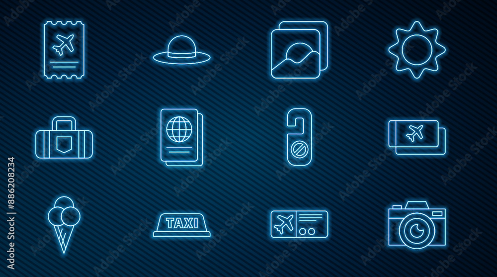 Set line Photo camera, Airline ticket, Passport, Suitcase, Please do not disturb and Elegant women hat icon. Vector Set line Photo camera, Airline ticket, Passport, Suitcase, Please do not disturb and Elegant women hat icon. Vector