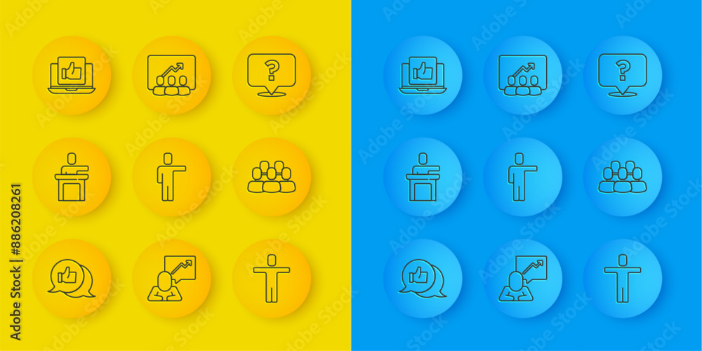 Set line Hand like, Speaker, Head hunting, Project team base, Question mark and icon. Vector Set line Hand like, Speaker, Head hunting, Project team base, Question mark and icon. Vector