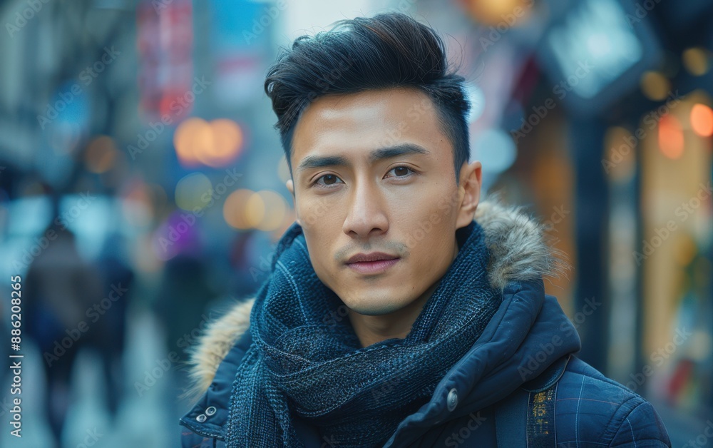 Fototapeta premium A young Asian man with dark hair looks directly at the camera