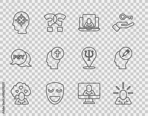 Set line Broken heart or divorce, Depression, Psychologist online, Comedy theatrical mask, Finding problem, Man graves funeral sorrow, and Addiction to drug icon. Vector