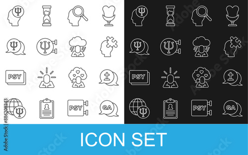 Set line Question and Answer, Graves funeral sorrow, Solution to the problem, Finding, Psychology, Psi, and Depression icon. Vector