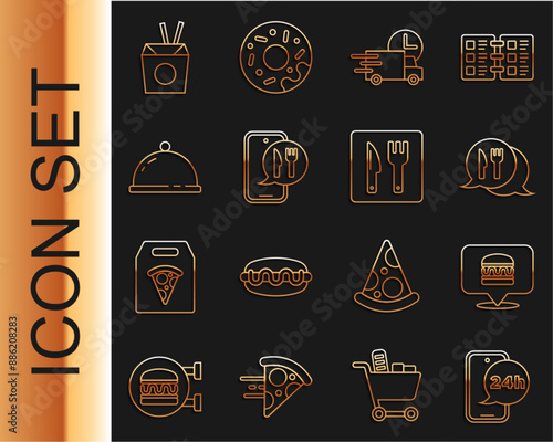 Set line Food ordering, Online burger delivery, Cafe and restaurant location, Fast by car, Covered with tray of food, Asian noodles chopsticks and icon. Vector