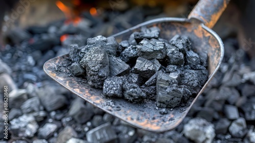 Efficient Eco-Friendly Heating: Detailed Shot of Coal Shovel Loaded with Shiny Nuggets, Poised for Stove Transfer