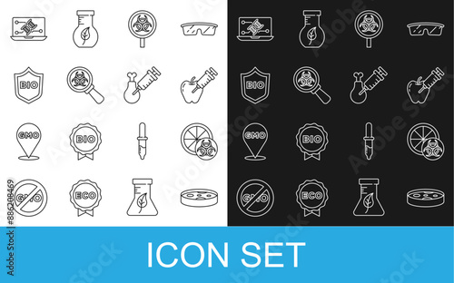 Set line Petri dish with bacteria, Genetically modified orange, apple, Biohazard and magnifying glass, Shield for bio healthy food, engineering modification and Gmo research chicken icon. Vector
