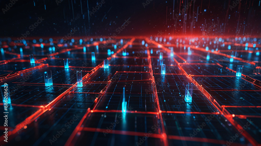 A high-tech grid of glowing blue and red lights, resembling a futuristic digital network or cityscape A high-tech grid of glowing blue and red lights, resembling a futuristic digital network or cityscape