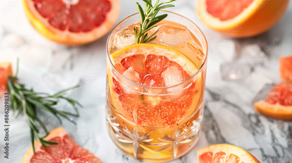 a fizzy grapefruit soda in a clear glass, with slices of grapefruit and a sprig of rosemary for garnish, set on a marble countertop a fizzy grapefruit soda in a clear glass, with slices of grapefruit and a sprig of rosemary for garnish, set on a marble countertop