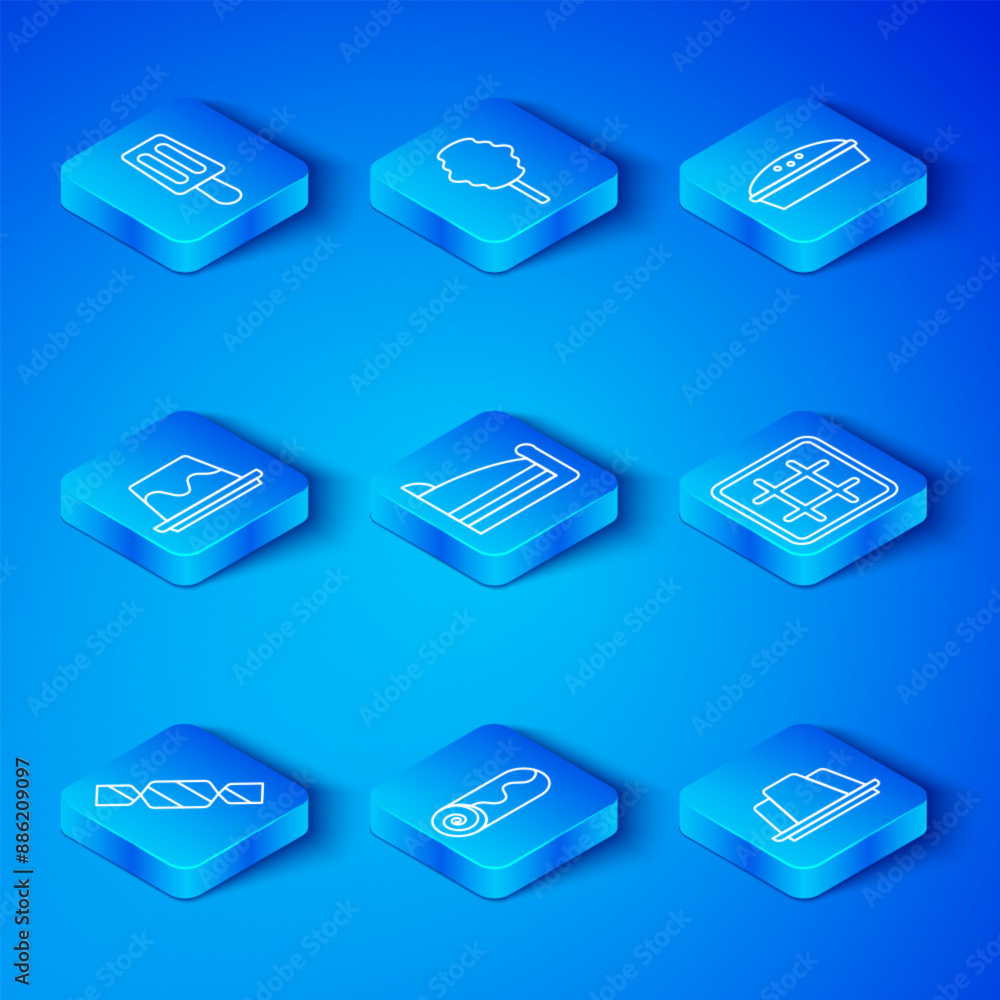 Set line Candy, Piece of cake, Chocolate roll, Waffle, Homemade pie, Pudding custard, Ice cream and Jelly icon. Vector Set line Candy, Piece of cake, Chocolate roll, Waffle, Homemade pie, Pudding custard, Ice cream and Jelly icon. Vector