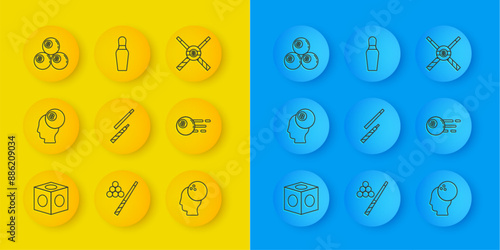 Set line Billiard chalk, ball, cue, Bowling, Crossed billiard cues and and pin icon. Vector